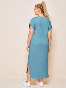 Mulvari Đầm Plus Size Chia màu trơn Giải trí - Màu xanh nhạt - Xem 2