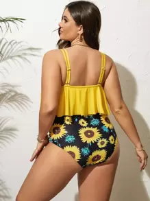 Swim Lushoire Summer Beach Plus Sunflower Print Tankini Set Hanky Hem Flowy Tank Top & High Waisted Bottom 2 Piece Bathing Suit - Multicolor - View 2