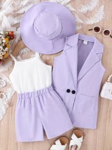 SHEIN 年輕女孩拉褶領背心西裝外套和camisole上衣和短褲和帽子