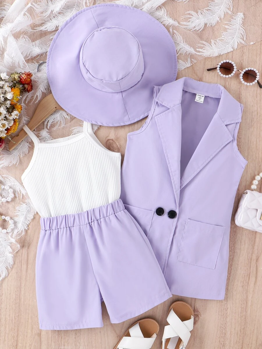 SHEIN 年輕女孩拉褶領背心西裝外套和camisole上衣和短褲和帽子