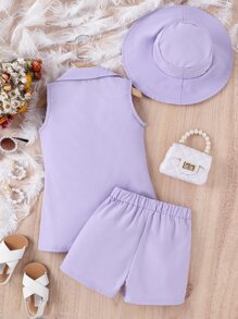 SHEIN 年輕女孩拉褶領背心西裝外套和camisole上衣和短褲和帽子