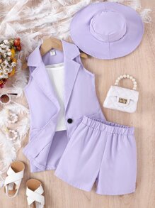 SHEIN 年輕女孩拉褶領背心西裝外套和camisole上衣和短褲和帽子