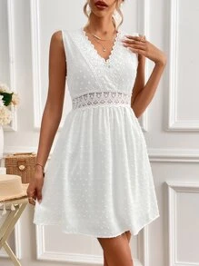 SHEIN Frenchy Swiss Dot Guipure Lace Insert Dress - White - View 4