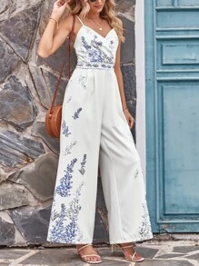 SHEIN VCAY Plants Print Wide Leg Cami Jumpsuit - White - View 1