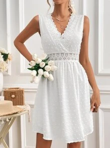 SHEIN Frenchy Swiss Dot Guipure Lace Insert Dress - White - View 7