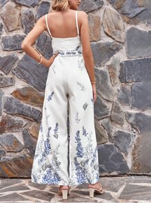 SHEIN VCAY Plants Print Wide Leg Cami Jumpsuit - White - View 2
