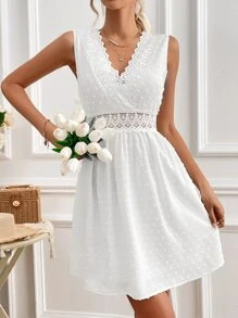 SHEIN Frenchy Swiss Dot Guipure Lace Insert Dress - White - View 2