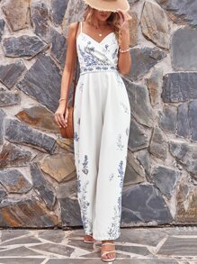 SHEIN VCAY Plants Print Wide Leg Cami Jumpsuit - White - View 3