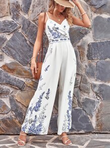 SHEIN VCAY Plants Print Wide Leg Cami Jumpsuit - White - View 4
