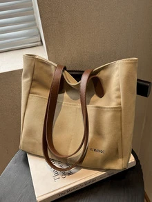 Bolsa de compras con estampado de letra - Caqui - Ver 7