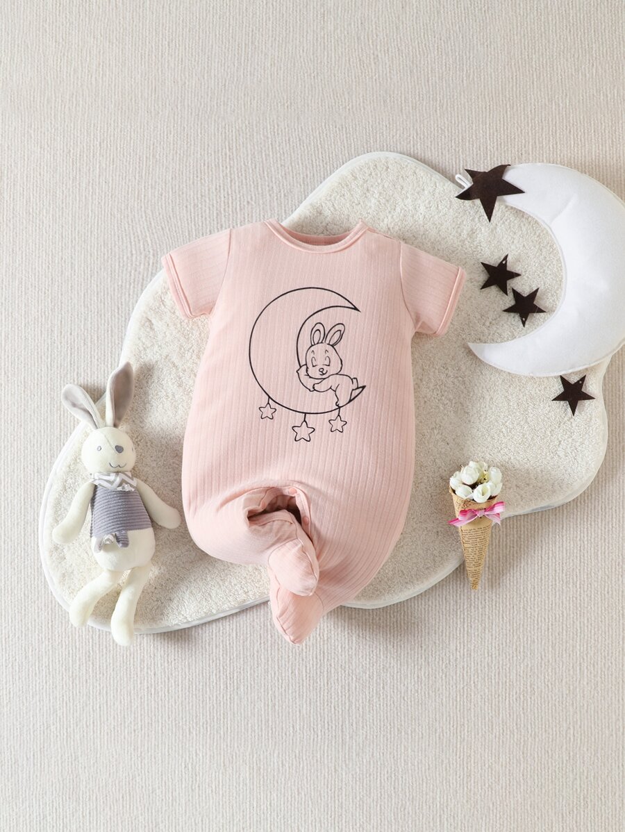 SHEIN Baby Moon & Cartoon Graphic Footed Sleep Jumpsuit - Pink - View 1
