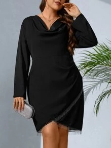 SHEIN Privé Plus Draped Collar Wrap Hem Dress - Black - View 3
