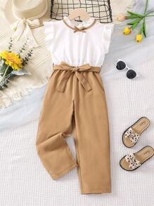 SHEIN Young Girl Color Block Elegant Urban & Resort Style Romper With Ruffle Hem And Mandarin Collar For Summer - Multicolor - View 1