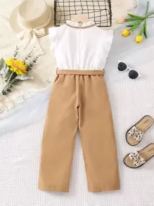 SHEIN Young Girl Color Block Elegant Urban & Resort Style Romper With Ruffle Hem And Mandarin Collar For Summer - Multicolor - View 2