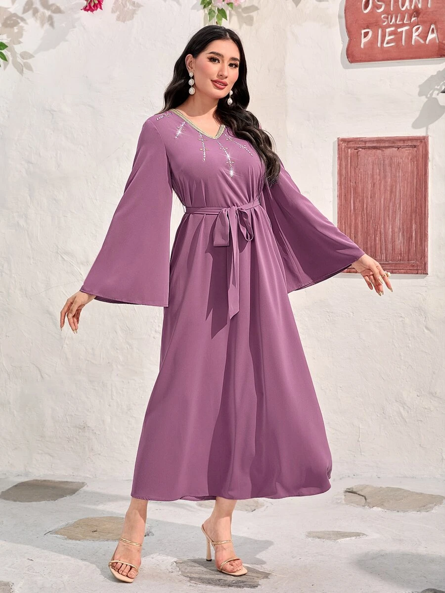Modelyn Rhinestone Detail Belted Dress - Mauve Purple - View 1