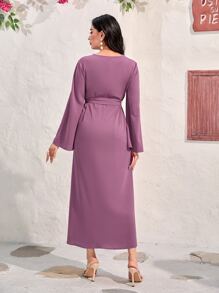 Modelyn Rhinestone Detail Belted Dress - Mauve Purple - View 2