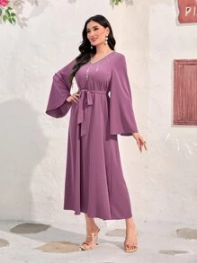 Modelyn Rhinestone Detail Belted Dress - Mauve Purple - View 4