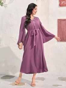 Modelyn Rhinestone Detail Belted Dress - Mauve Purple - View 3