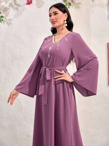 Modelyn Rhinestone Detail Belted Dress - Mauve Purple - View 5