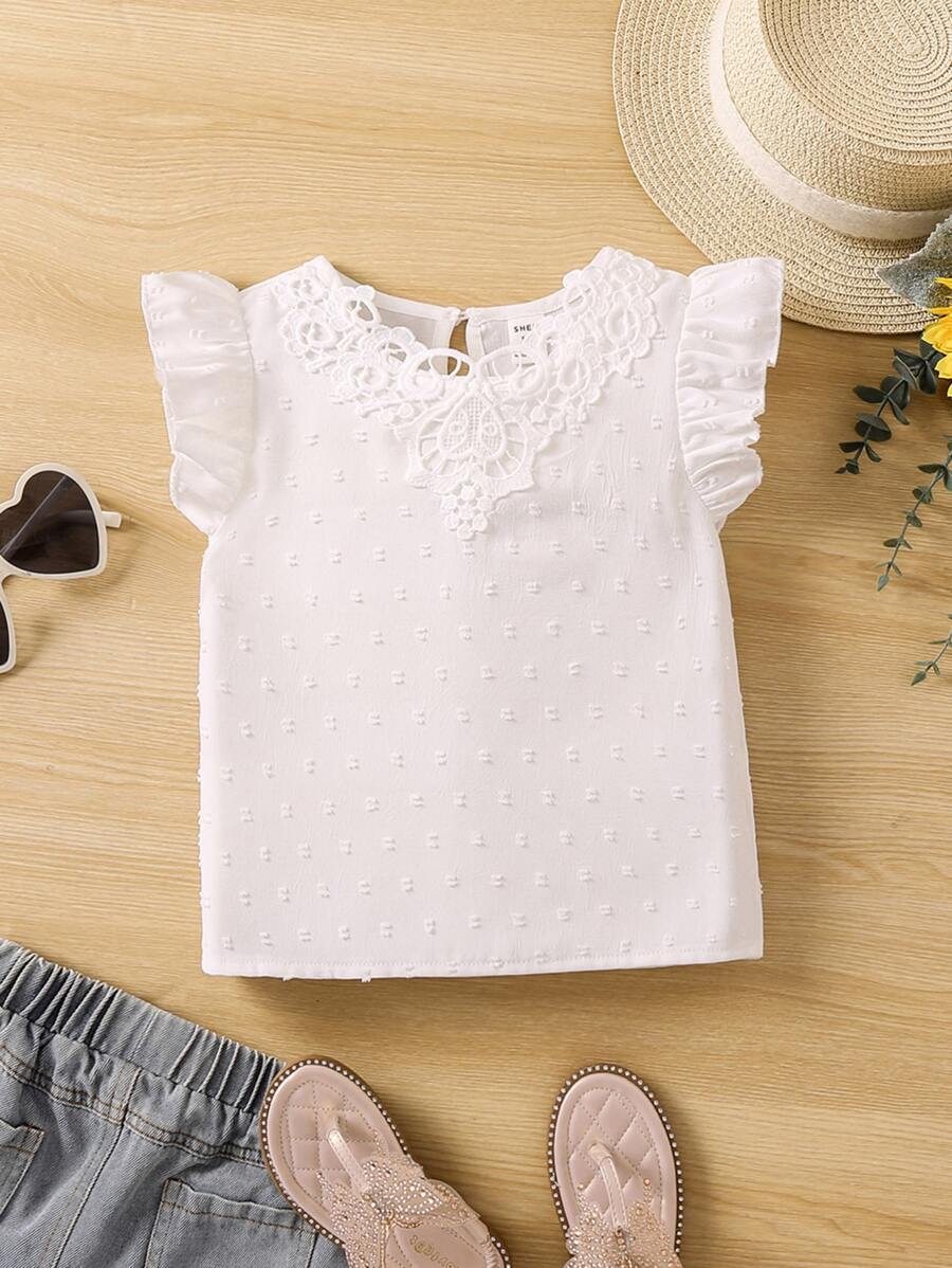 SHEIN 女小童白色素色休閒,簡約風和多用途襯衫帶A圓形翻領適合夏天 - 白色 - 查看 1