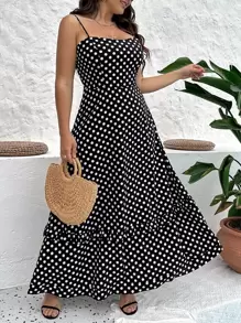 SHEIN VCAY Plus Polka Dot Print Ruffle Hem Cami Dress - Black - View 1