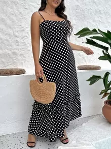 SHEIN VCAY Plus Polka Dot Print Ruffle Hem Cami Dress - Black - View 3