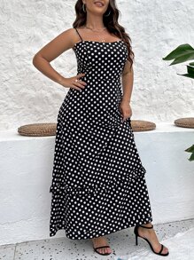 SHEIN VCAY Plus Polka Dot Print Ruffle Hem Cami Dress - Black - View 4