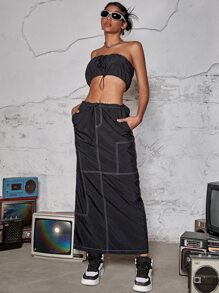 街短款抹胸上衣和腰部抽繩斜口袋拼接車縫工裝裙套裝 - 黑色 - 查看 1