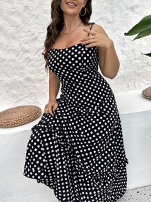 SHEIN VCAY Plus Polka Dot Print Ruffle Hem Cami Dress - Black - View 5