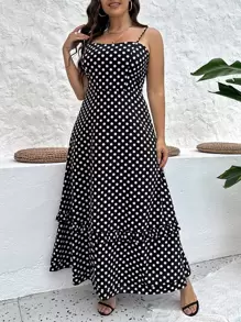 SHEIN VCAY Plus Polka Dot Print Ruffle Hem Cami Dress - Black - View 6