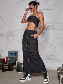 街短款抹胸上衣和腰部抽繩斜口袋拼接車縫工裝裙套裝 - 黑色 - 查看 4