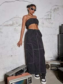 街短款抹胸上衣和腰部抽繩斜口袋拼接車縫工裝裙套裝 - 黑色 - 查看 5