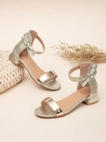 Glamorous Ankle Strap Sandals For Girls, Metallic Bow Decor Heeled Sandals - Gold - View 2