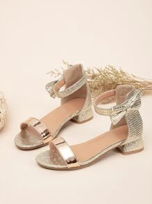 Glamorous Ankle Strap Sandals For Girls, Metallic Bow Decor Heeled Sandals - Gold - View 3