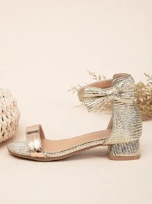 Glamorous Ankle Strap Sandals For Girls, Metallic Bow Decor Heeled Sandals - Gold - View 5