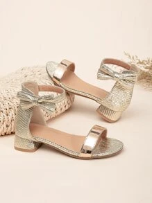 Glamorous Ankle Strap Sandals For Girls, Metallic Bow Decor Heeled Sandals - Gold - View 6