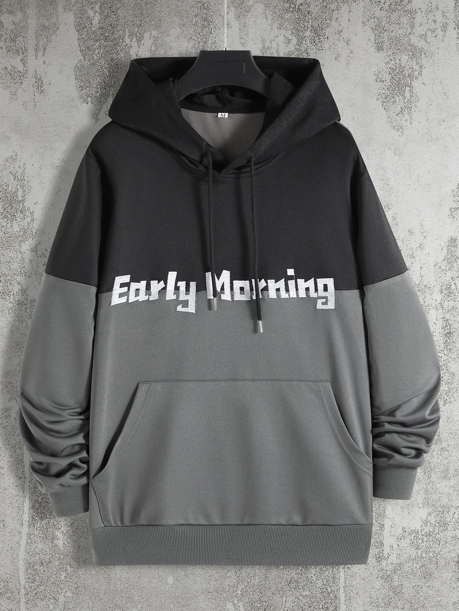 Manfinity Men Letter Graphic Two Tone Kangaroo Pocket Drawstring Hoodie - Multicolor - View 1