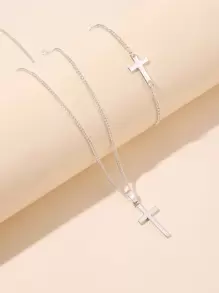 十字架吊飾項鍊和手鐲 - 銀色 - 查看 1