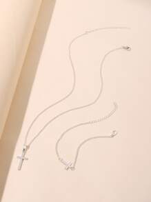 十字架吊飾項鍊和手鐲 - 銀色 - 查看 3