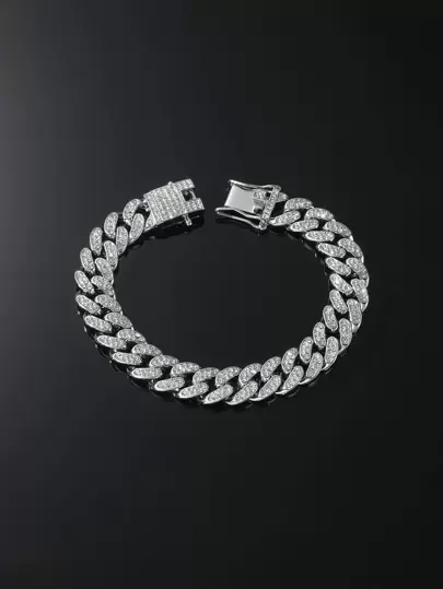 Hip Hop Shiny Iced Out Link Chain Bracelet For Women/men, Rhinestone Studded, Punk Style Wristband, Gold Color, Jewelry Gift