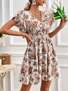 SHEIN Frenchy 印花蝴蝶袖A字連衣裙 - 彩色 - 查看 5