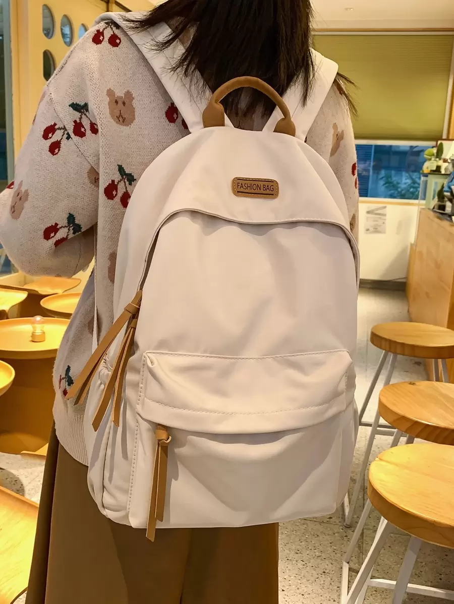 大容量，轻便，轻便字母贴片装饰功能性背包，适合青少年女孩、女大学生、白领人士，非常适合学校、大学、工作、商务、通勤、返校学校背包，大容量，便携，轻便，适合青少年女孩、女大学生、男孩和男士，非常适合返校、大学、小学、初中、高中、工作、商务、通勤 - 米色 - 查看 1