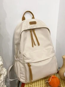 大容量，轻便，轻便字母贴片装饰功能性背包，适合青少年女孩、女大学生、白领人士，非常适合学校、大学、工作、商务、通勤、返校学校背包，大容量，便携，轻便，适合青少年女孩、女大学生、男孩和男士，非常适合返校、大学、小学、初中、高中、工作、商务、通勤 - 米色 - 查看 2