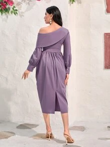 Modelyn Asymmetrical Neck Floral Embroidery Rhinestone Detail Dress - Lilac Purple - View 2