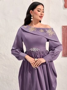 Modelyn Asymmetrical Neck Floral Embroidery Rhinestone Detail Dress - Lilac Purple - View 5