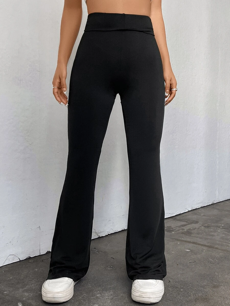 SHEIN EZwear Solid Flare Leg Pants - Black - View 1