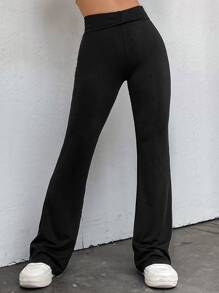 SHEIN EZwear Solid Flare Leg Pants - Black - View 3