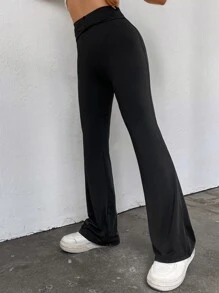 SHEIN EZwear Solid Flare Leg Pants - Black - View 5
