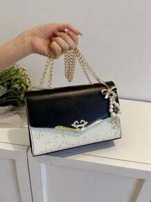 Sequin & Metal Decor Flap Square Bag With Bag Charm - Black and White - View 1