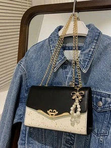 Sequin & Metal Decor Flap Square Bag With Bag Charm - Black and White - View 2